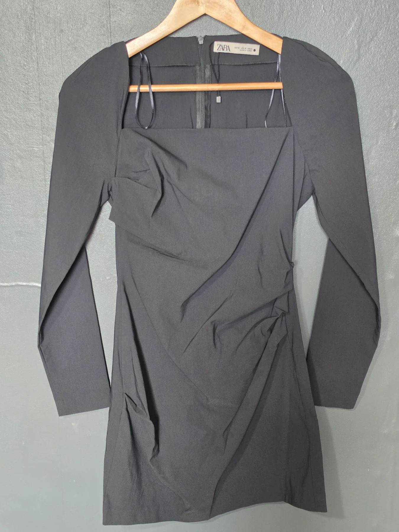 Zara Square Neck Draped Long Sleeve Mini Dress Black Medium M