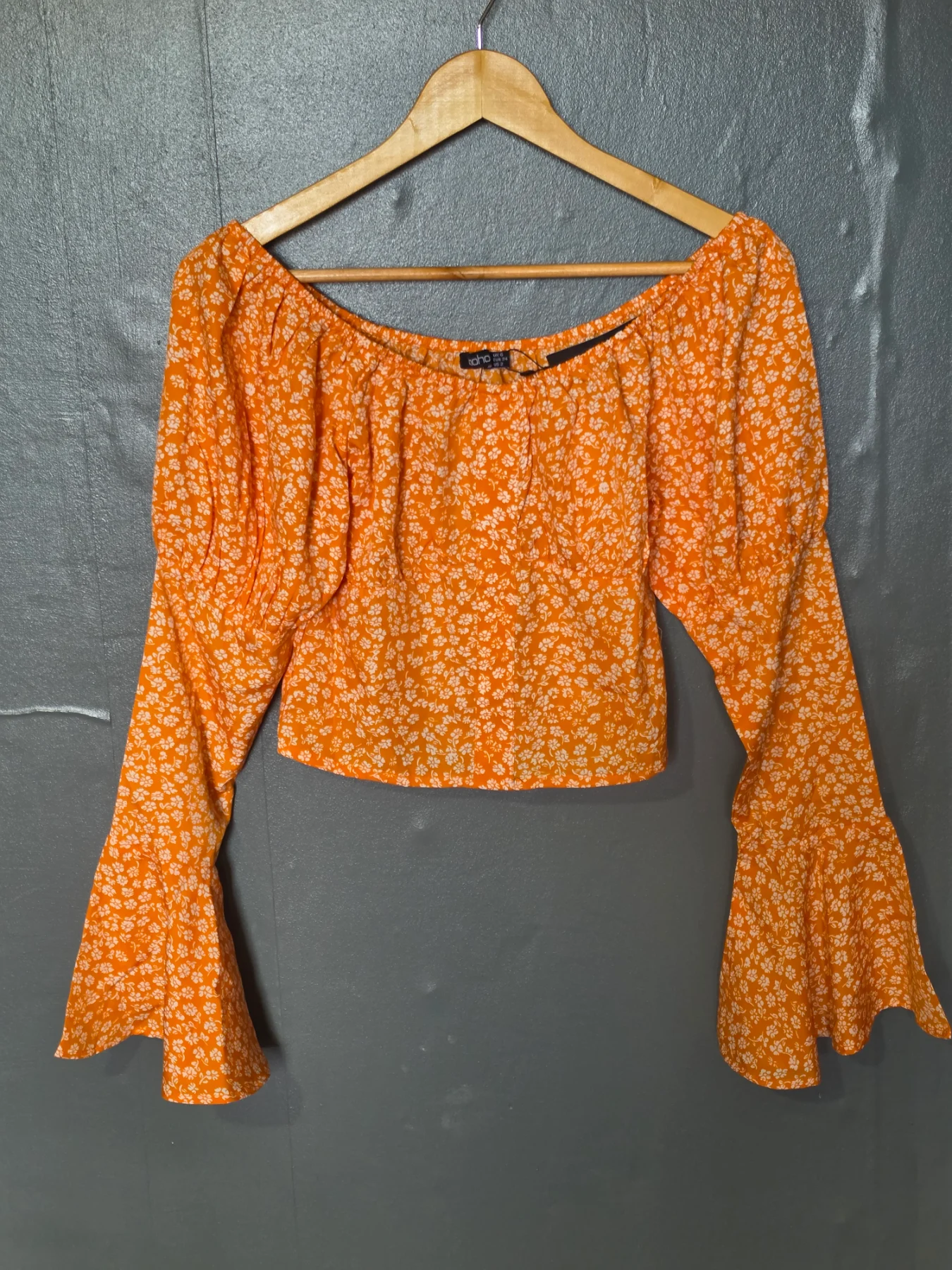 Boohoo Orange Ditsy Floral Off-Shoulder Crop Top - UK 6