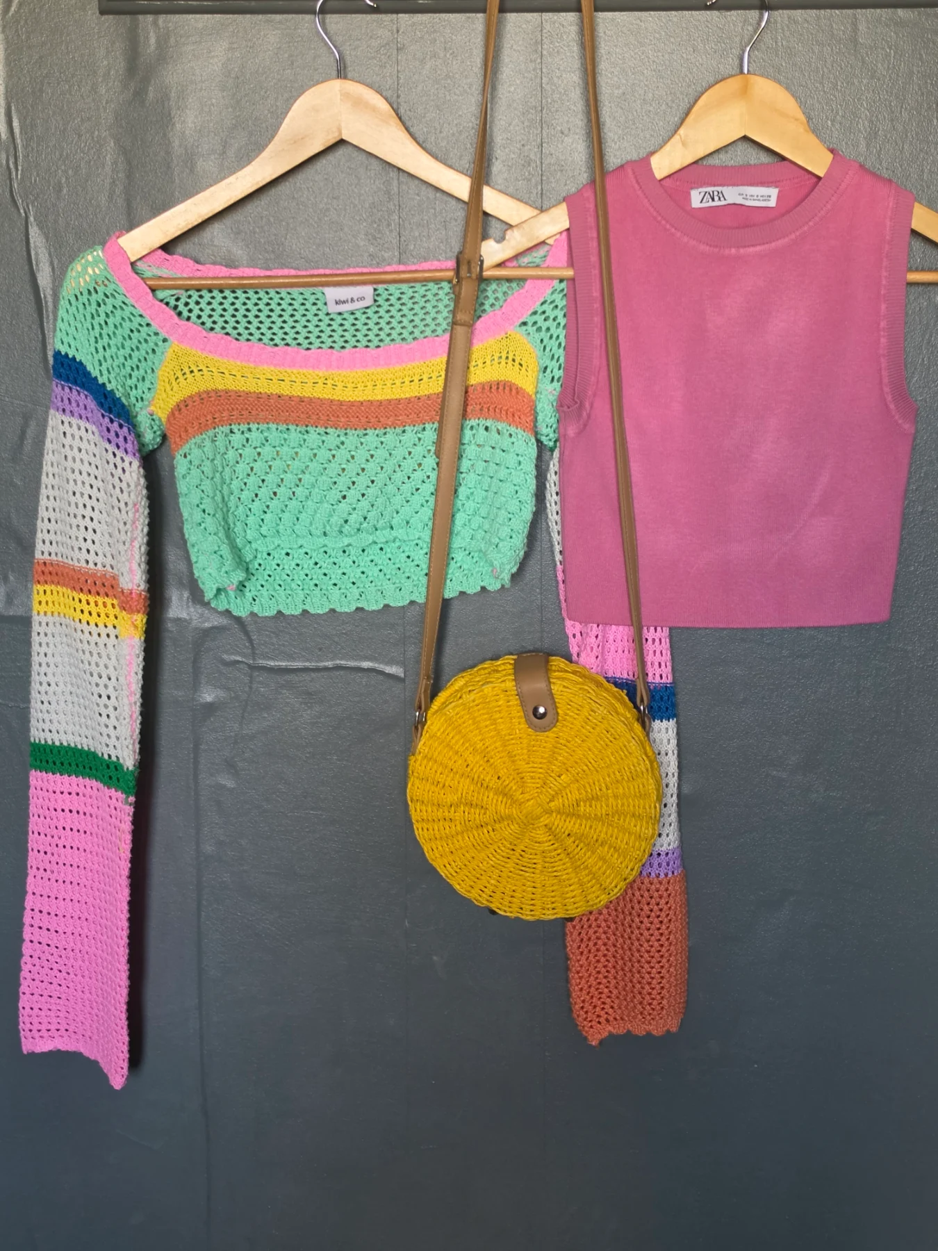 Summer Knit Bundle (Size S): Kiwi & Co Crochet Top, Zara Tank, & Straw Crossbody Bag
