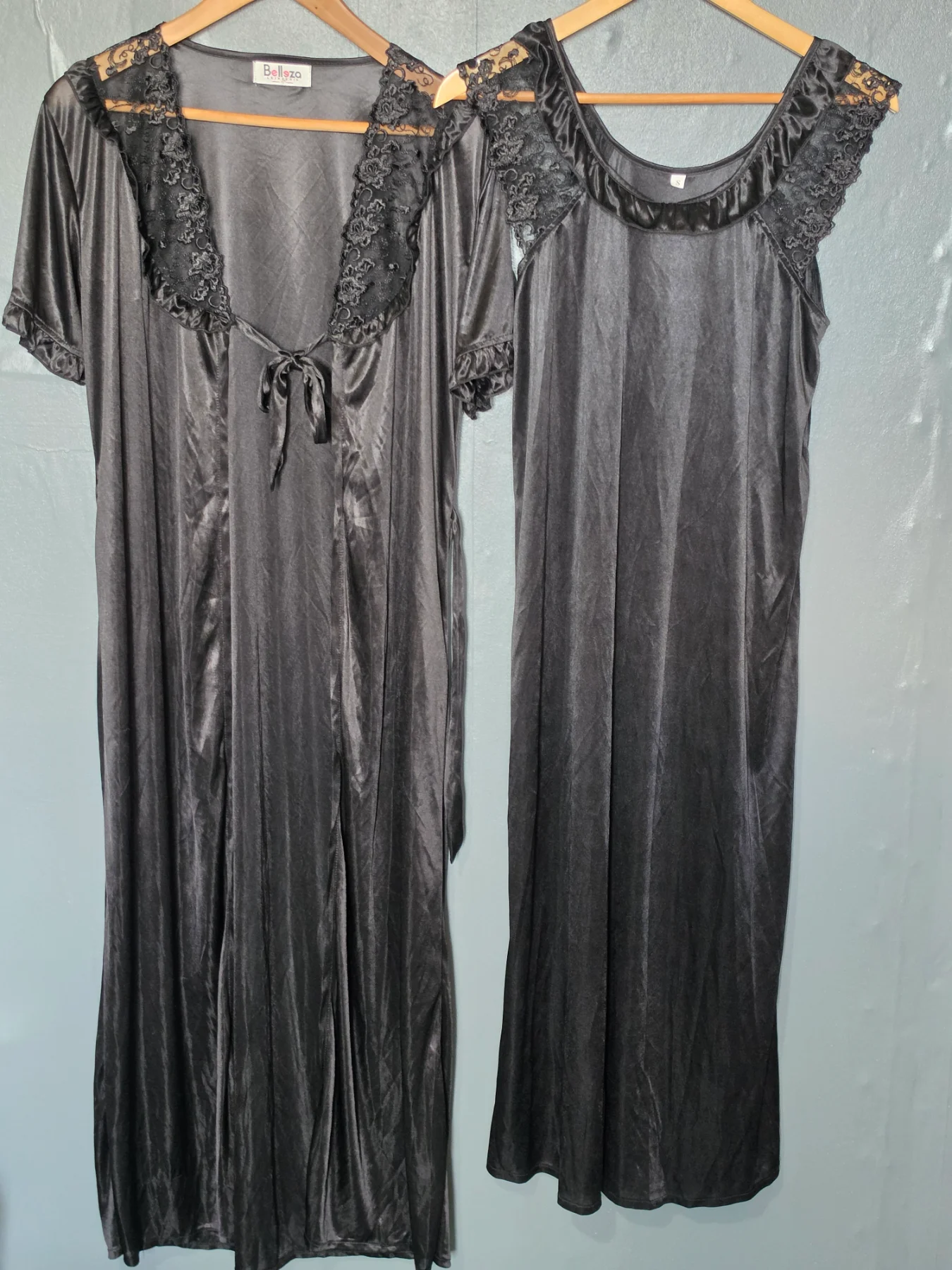 Belleza Lingerie 2-Pc Black Satin & Lace Peignoir Set - Nightgown & Robe - Size S