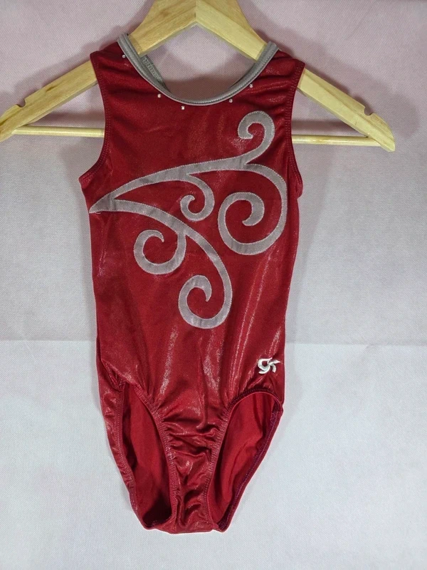 GK Elite Girls Red Shimmer Cross Back Gymnastics Leotard CME 28 7-8 Years