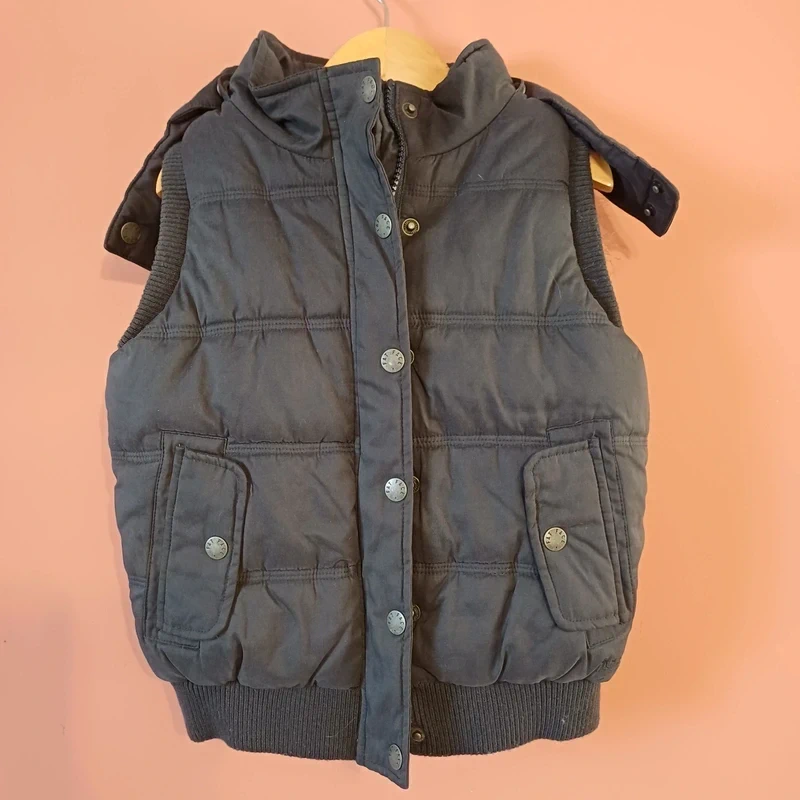 FatFace Girls Navy Blue Hooded Puffer Gilet Faux Fur Trim Bodywarmer 6-7 Years
