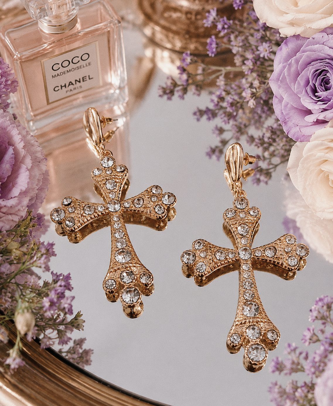 gold crystal diamante cross dangle earrings