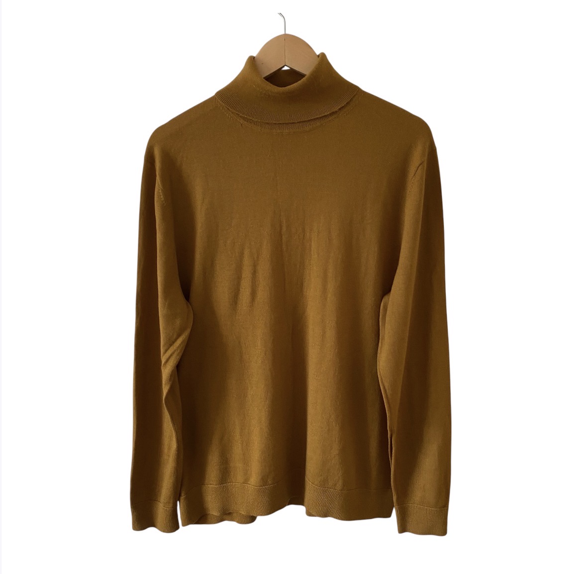 Moss Merino Wool Turtleneck Jumper Men's XL Rust Burnt Orange Fine Knit Sweater