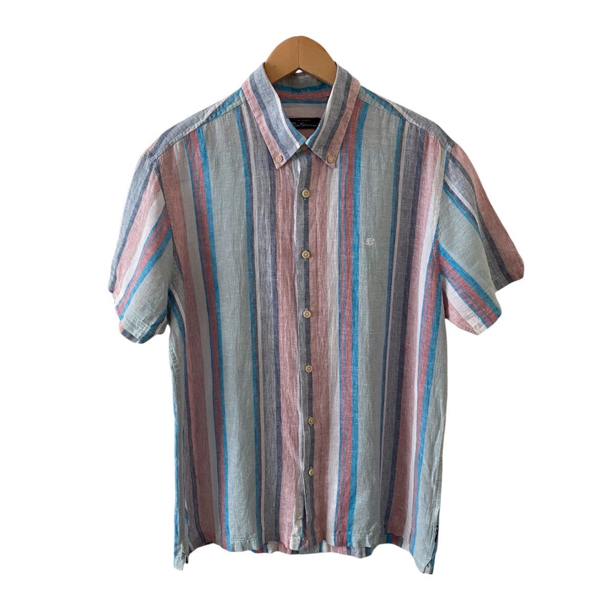 Ben Sherman Shirt Men's Size L Dusky Blue Stripe Mod Linen Cotton Short Sleeve