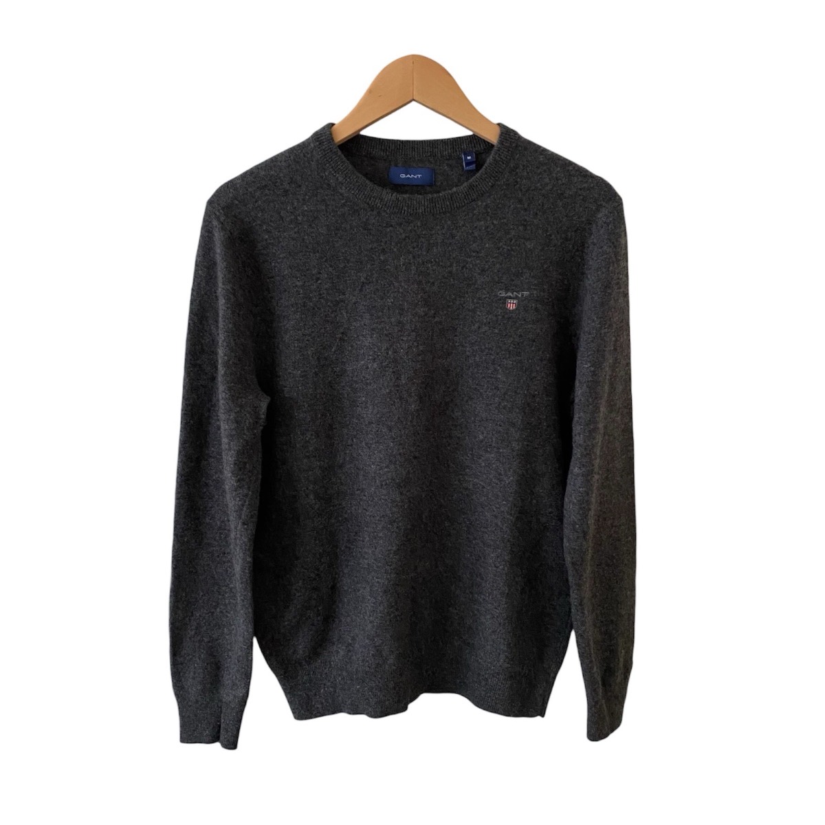 Gant Jumper Mens M Grey Lambswool Crew Neck Knit Shield Logo Casual Pullover