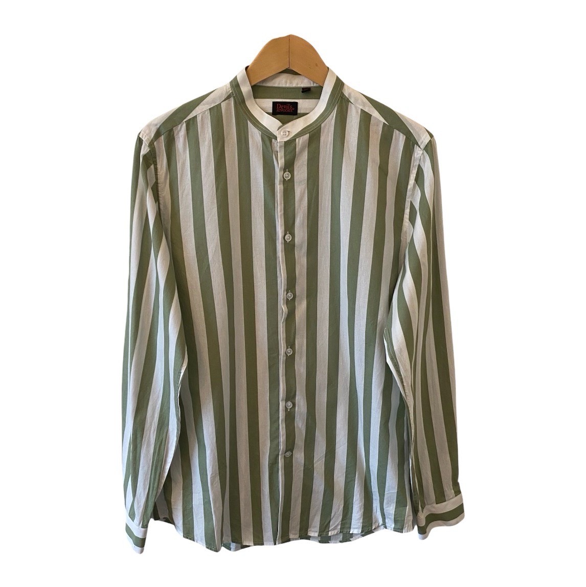 Devil's Advocate Band Collar Long Sleeve Shirt Men’s L Green White Stripe