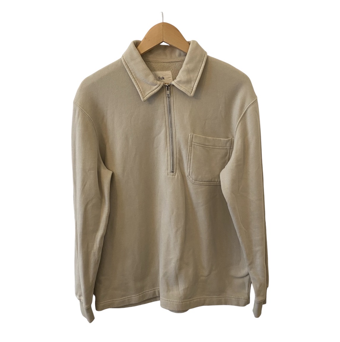 Folk Half Zip Collared Sweatshirt Men's M Size 3 Ecru Stone Fleece Chest Pocket