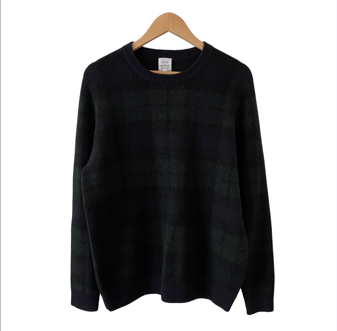 John Lewis & Partners Mens Lambswool Jumper L Navy Green Tartan Crew Neck