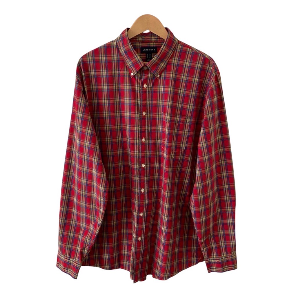 Lands' End Red Tartan Plaid Shirt Men's XL Tall Traditional Fit Long Sleeve