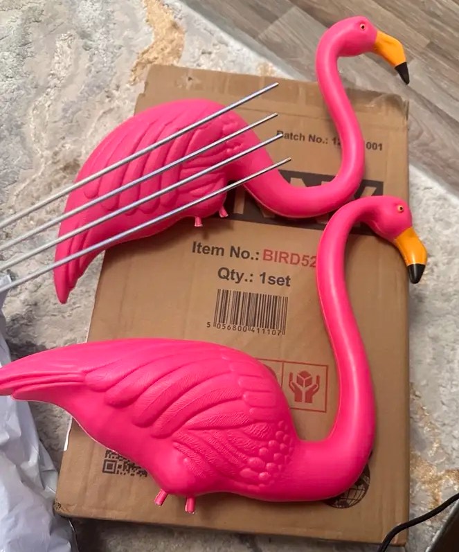 2 plastic flamingo garden ornaments for garden