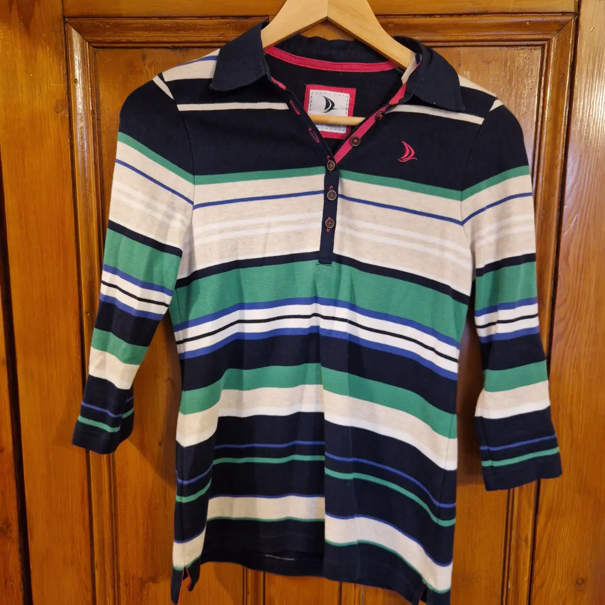 Dash Striped Polo Top UK 10 Navy Green Coastal Preppy Nautical 3/4 Sleeve