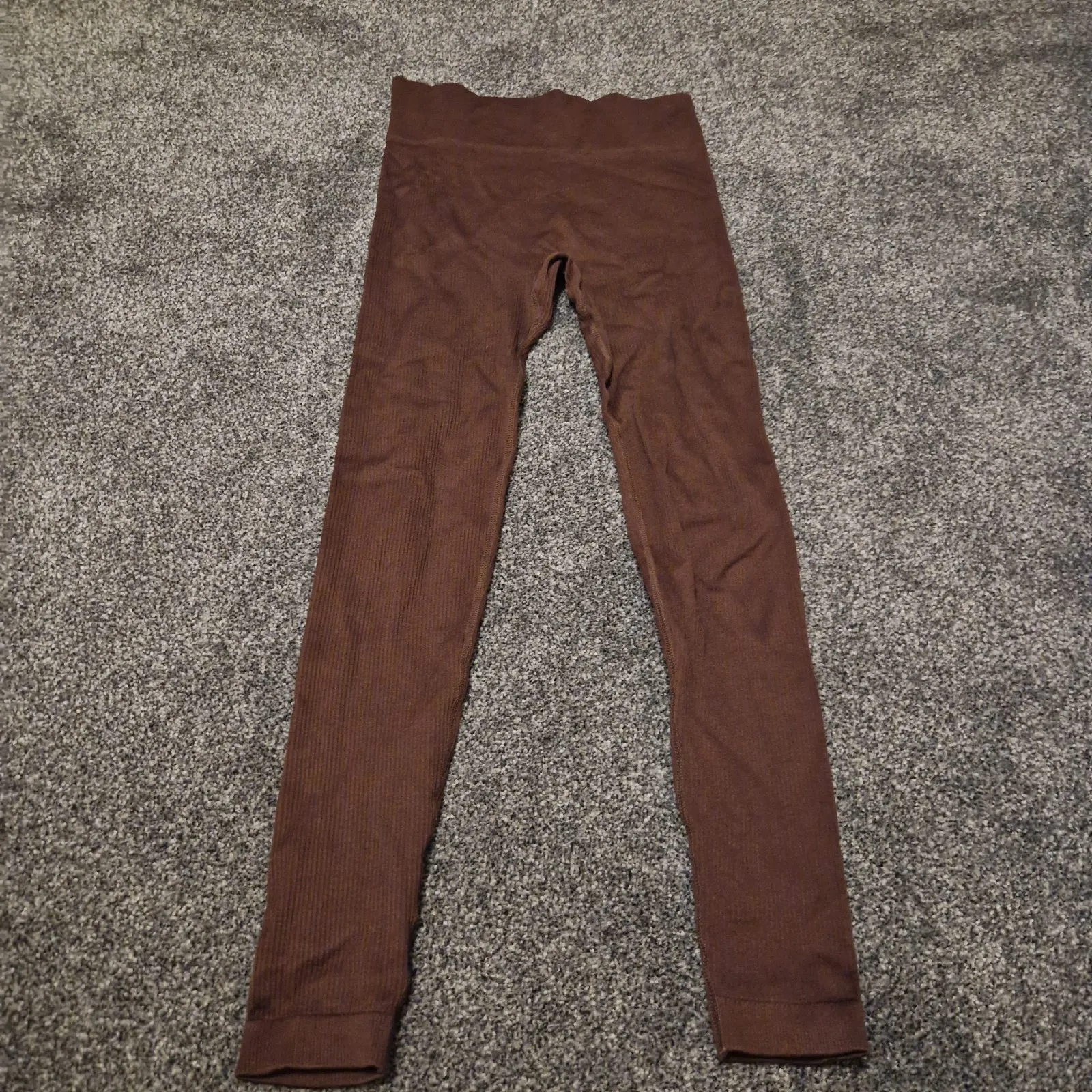 Brown Ribbed Seamless Leggings M/L High Waist Stretch Nylon Elastane 25" Leg