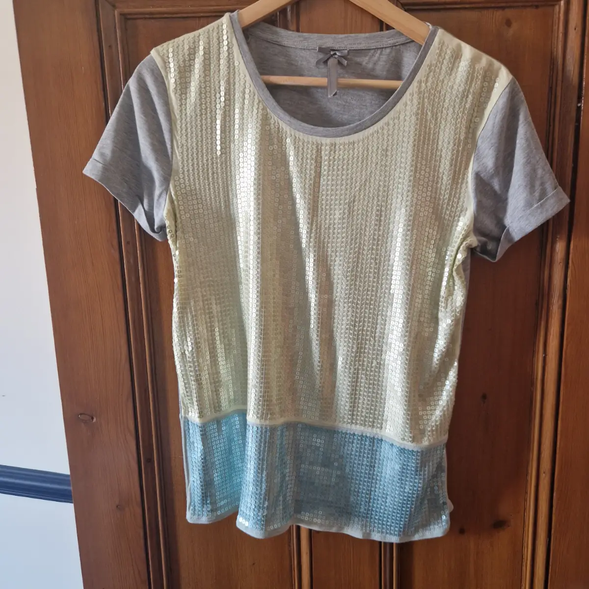 Next Sequin T-Shirt UK 10 Grey Silver Colourblock Festival Y2K Party Top