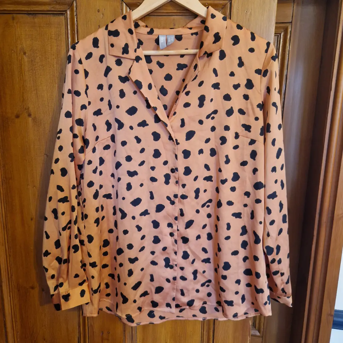ASOS Satin Animal Print Shirt UK 12 Peach Black Leopard Spot Long Sleeve Blouse