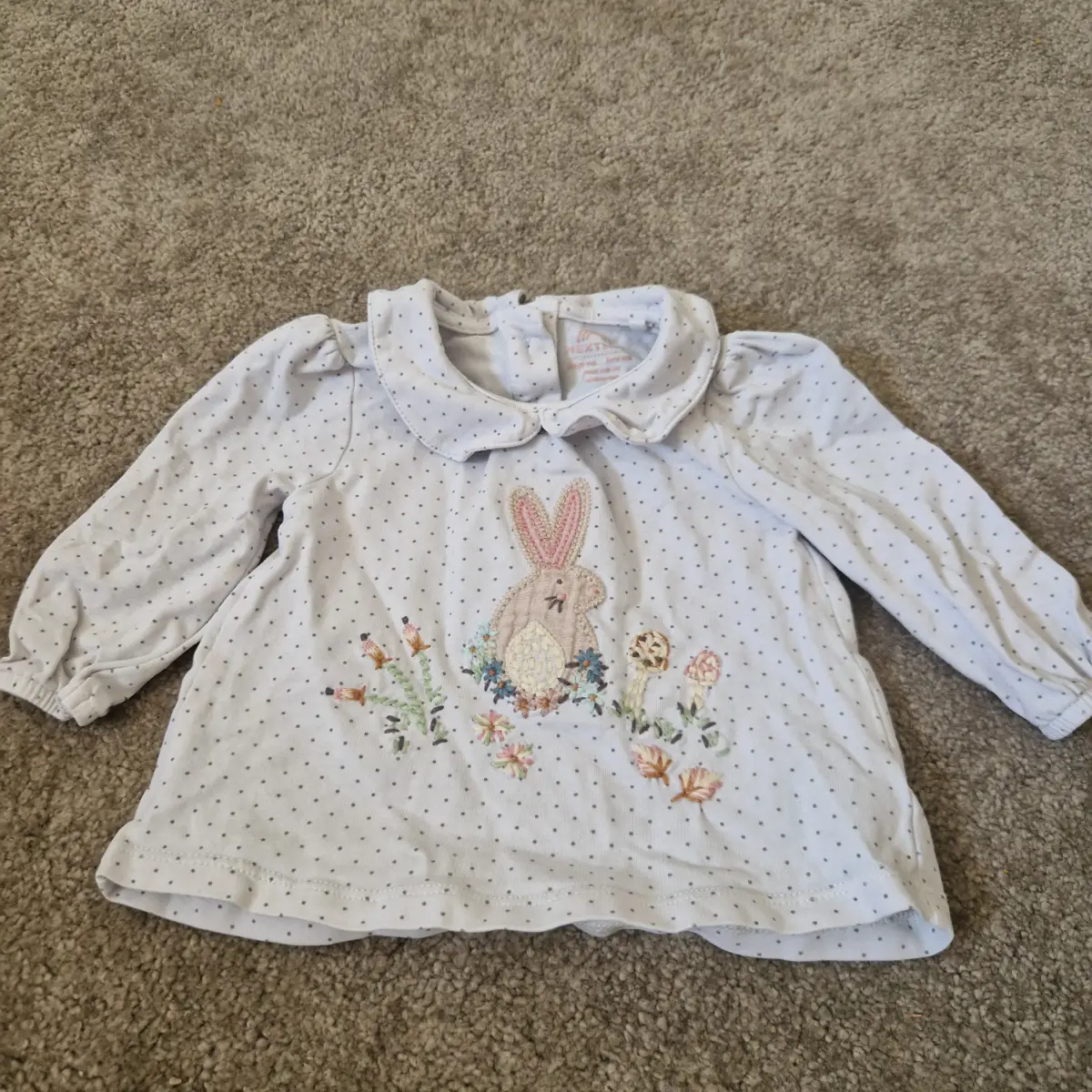 Next Baby Up To 1 Month White Polka Dot Bunny Peter Pan Collar Long Sleeve Top 56cm
