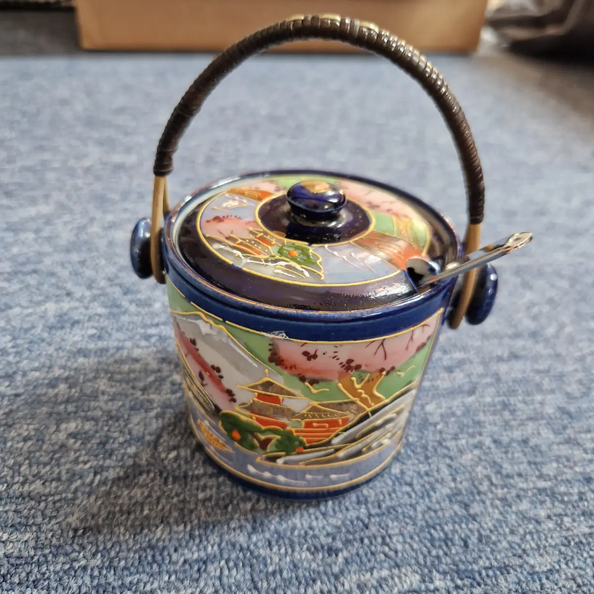 Vintage Japanese Moriage Ceramic Jam Pot Preserve Jar with Lid Spoon & Bamboo Handle