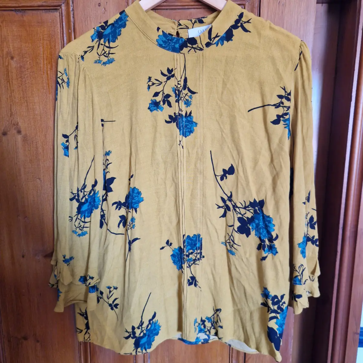 Oasis Floral Blouse UK 12 Mustard Blue Long Sleeve High Neck Boho Cottagecore Top