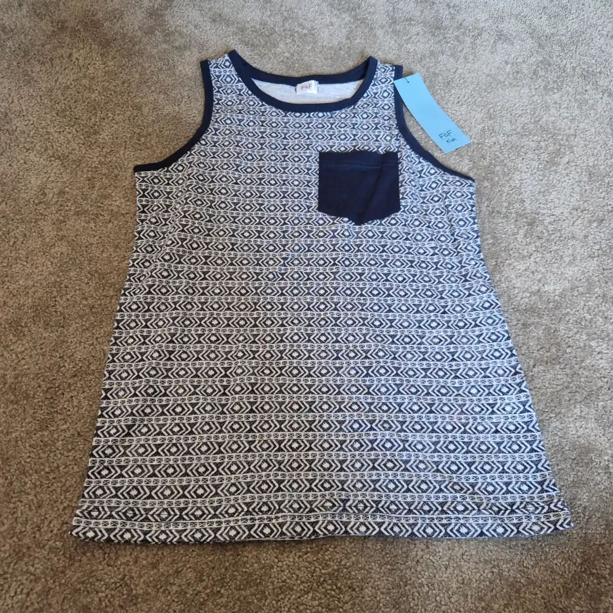 F&F Kids Geometric Print Vest Top Navy White Pocket 9-10 Years BNWT