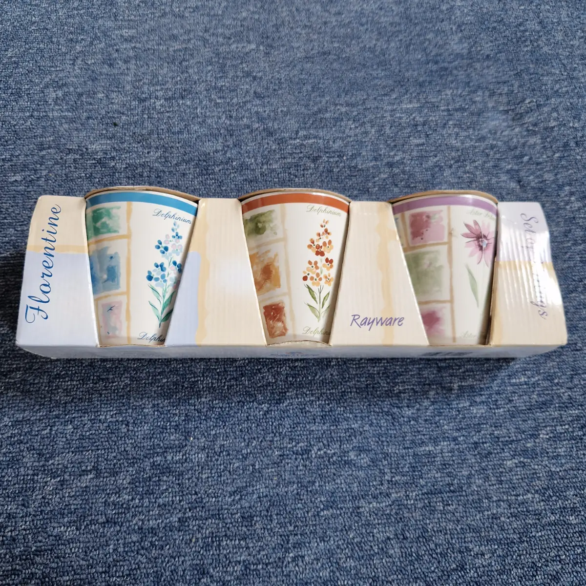 Rayware Florentine Set of 3 Floral Ceramic Mugs Boxed Delphinium Aster Vintage Gift Set