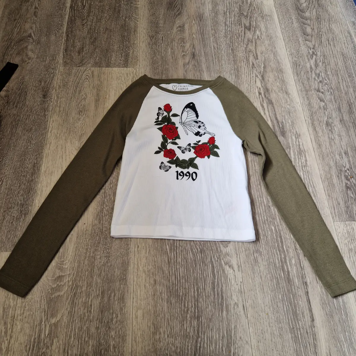 Primark Kids Long Sleeve Top Age 8-9 Years White Khaki Rose Butterfly 1990 Y2K
