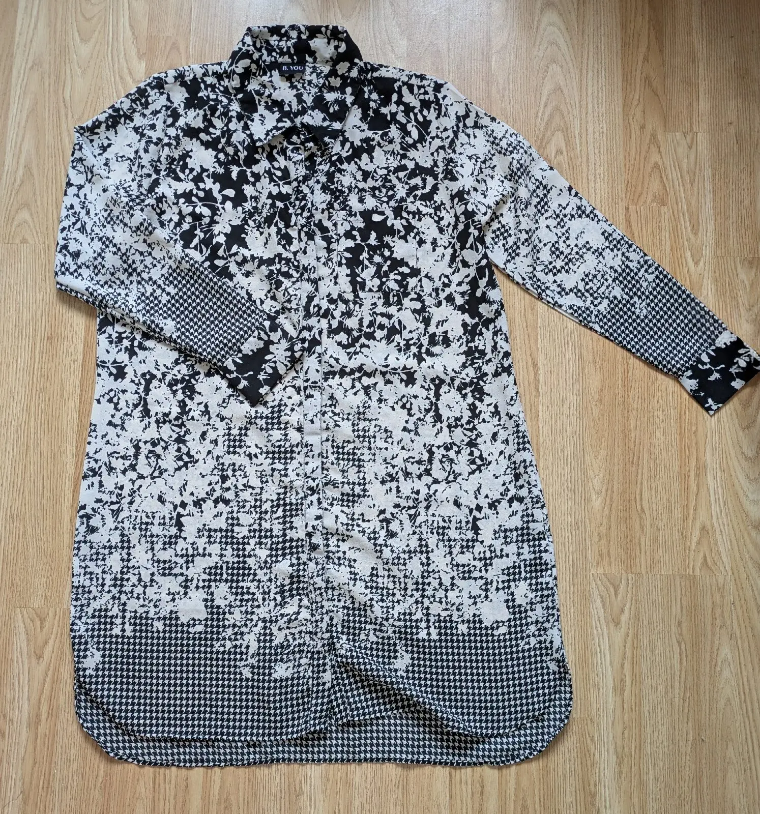 B You Black & White Floral Houndstooth Shirt Dress | Size 20