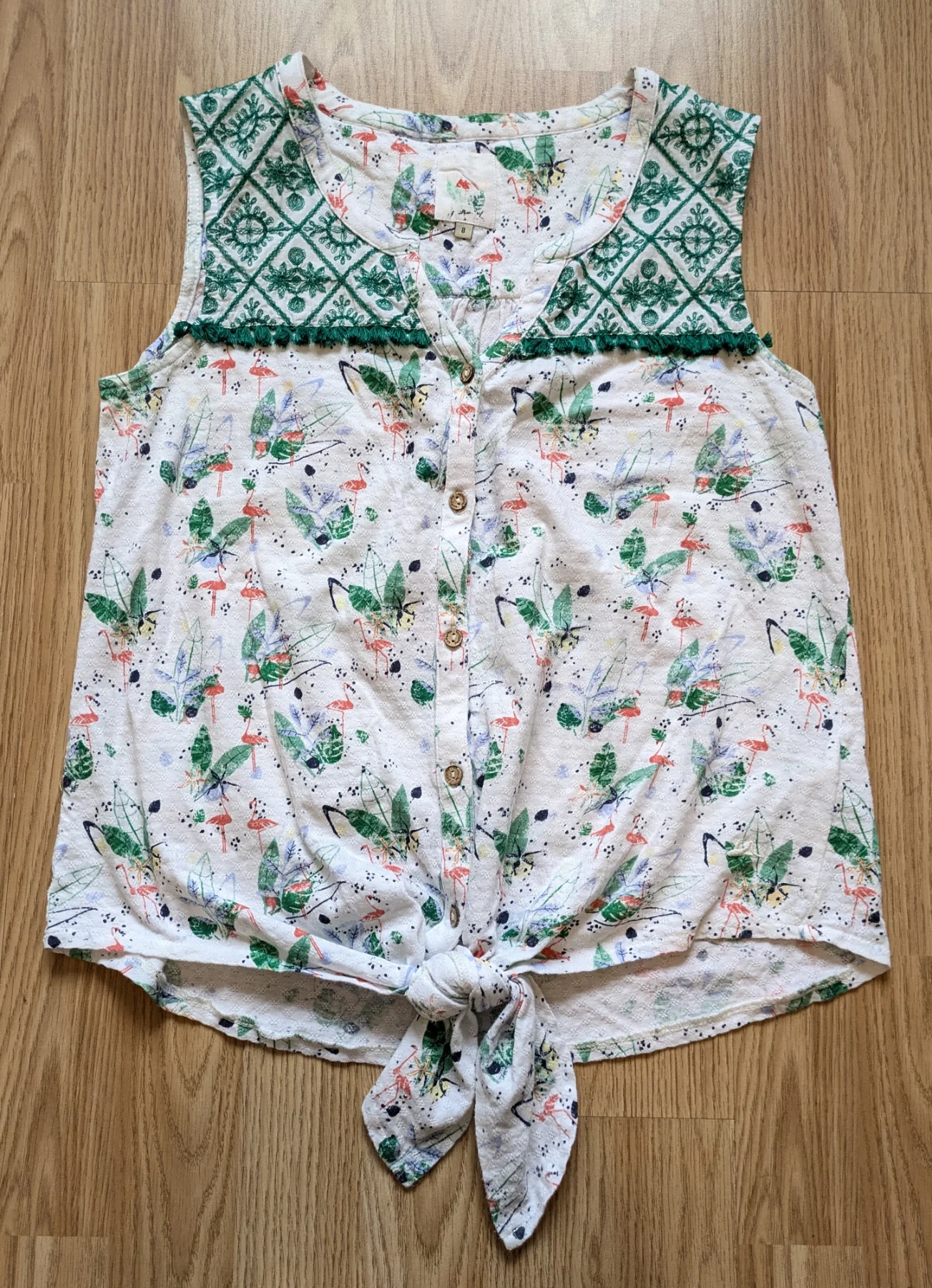 Mantaray White Flamingo Print Tie-Front Sleeveless Top | Size 8