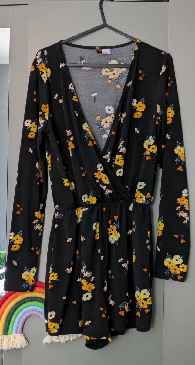 H&M Size 10 Black Floral Long Sleeve Playsuit