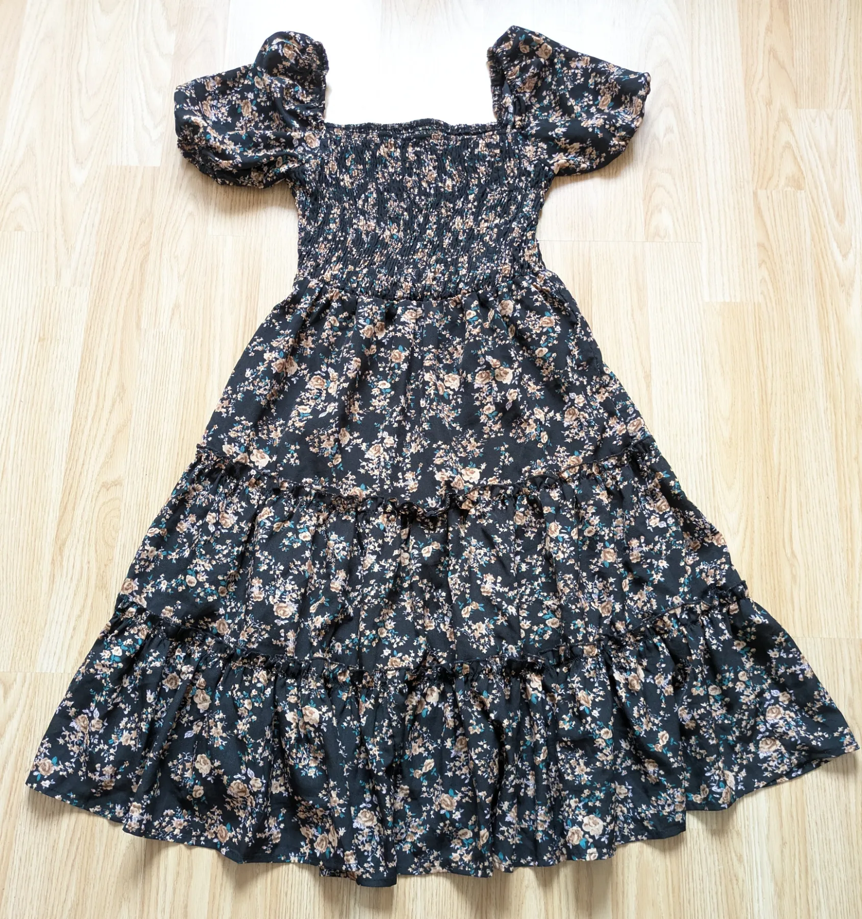 Shein Black Ditsy Floral Tiered Dress | Size UK 8 (Small)