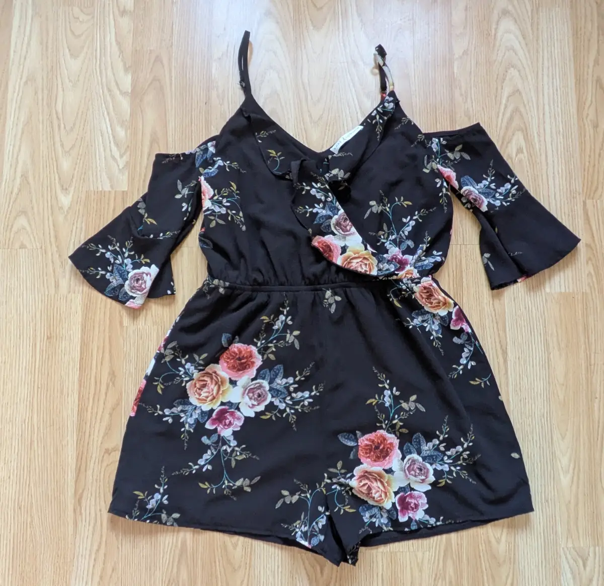Rare London Black Floral Cold-Shoulder Playsuit | Size UK 14