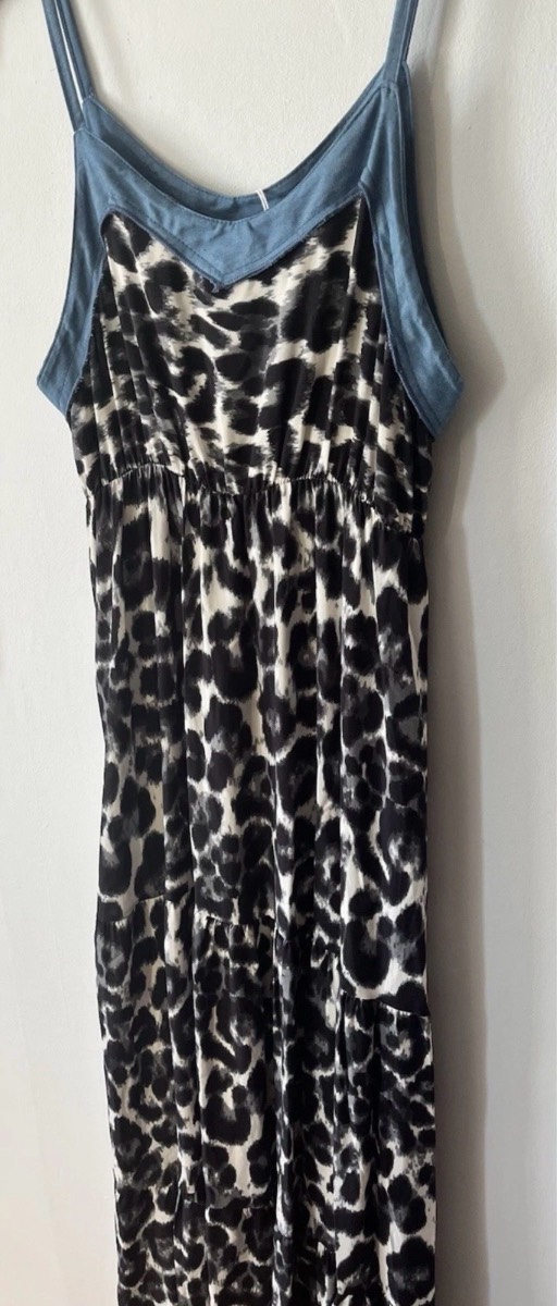 Women’s Summer Maxi Leopard print Denim Detail Dress V Neck Floating NEW- BNWT
