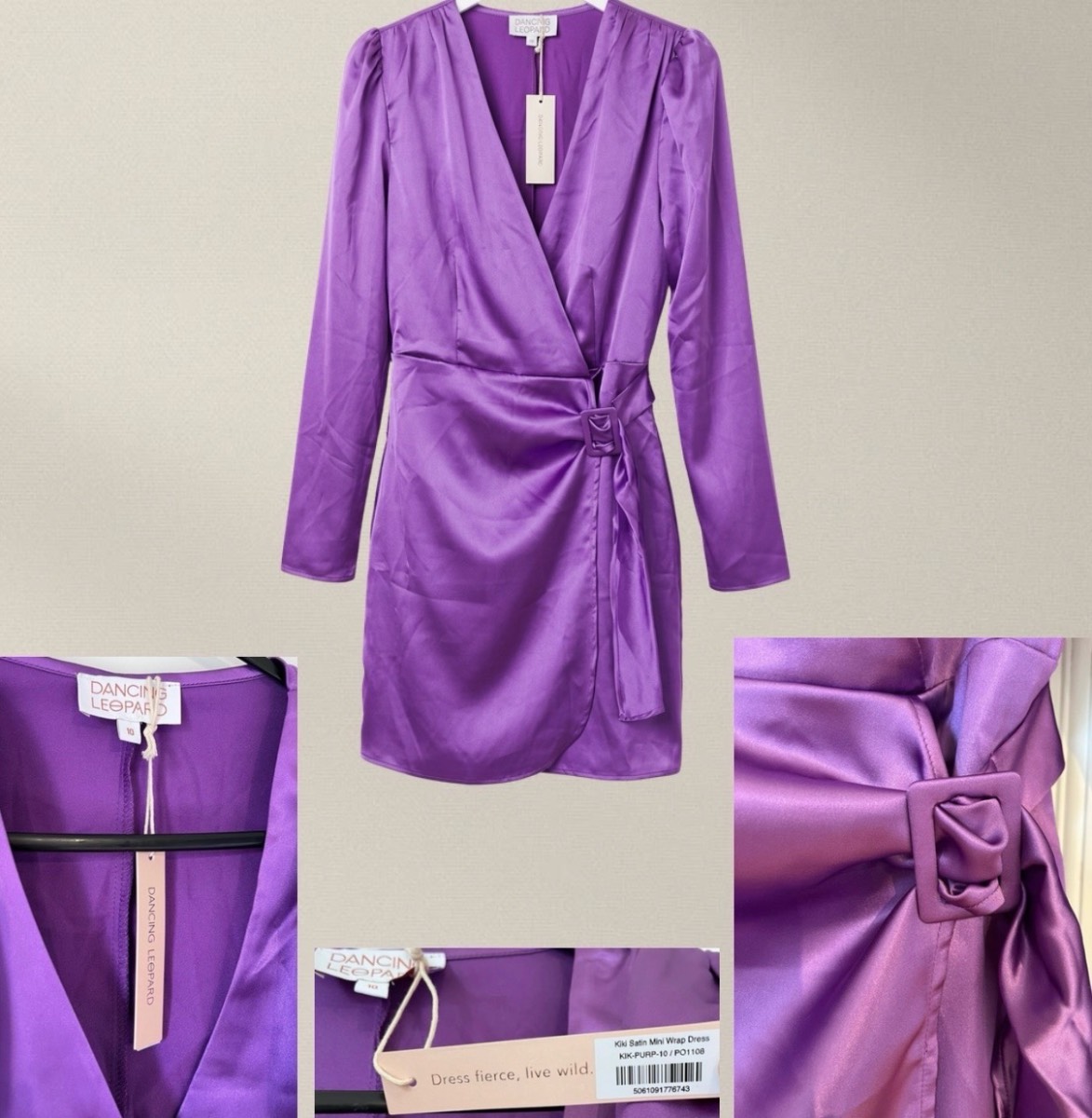 Women’s Dancing Leopard UK10 Purple Satin Wrap Dress, Long Sleeve- BNWT Holiday Dress