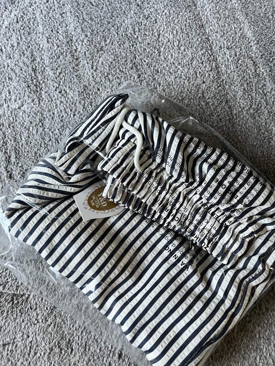 Women’s S/M Navy & Cream Viral Wide Leg Stripe Trousers Elasticated Waistband NEW