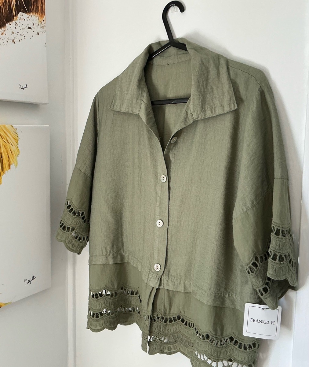 Olive Green Stunning Shirt & Short Set Broderie Anglaise Detail,Viscose BNWT M