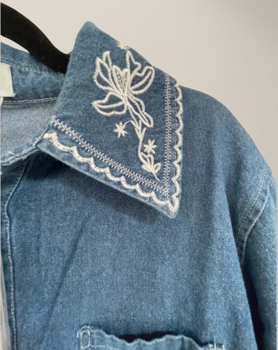 Women’s Denim Shirt Long sleeve-Embroidered Collar-Popper Buttons-Cotton Blend