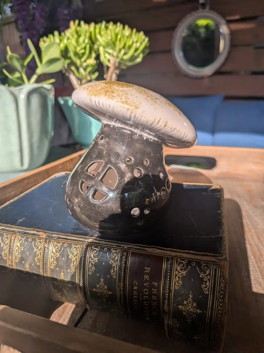 9cm tall Art Pottery Toadstool Mushroom House Tealight Candle Holder 155g signed