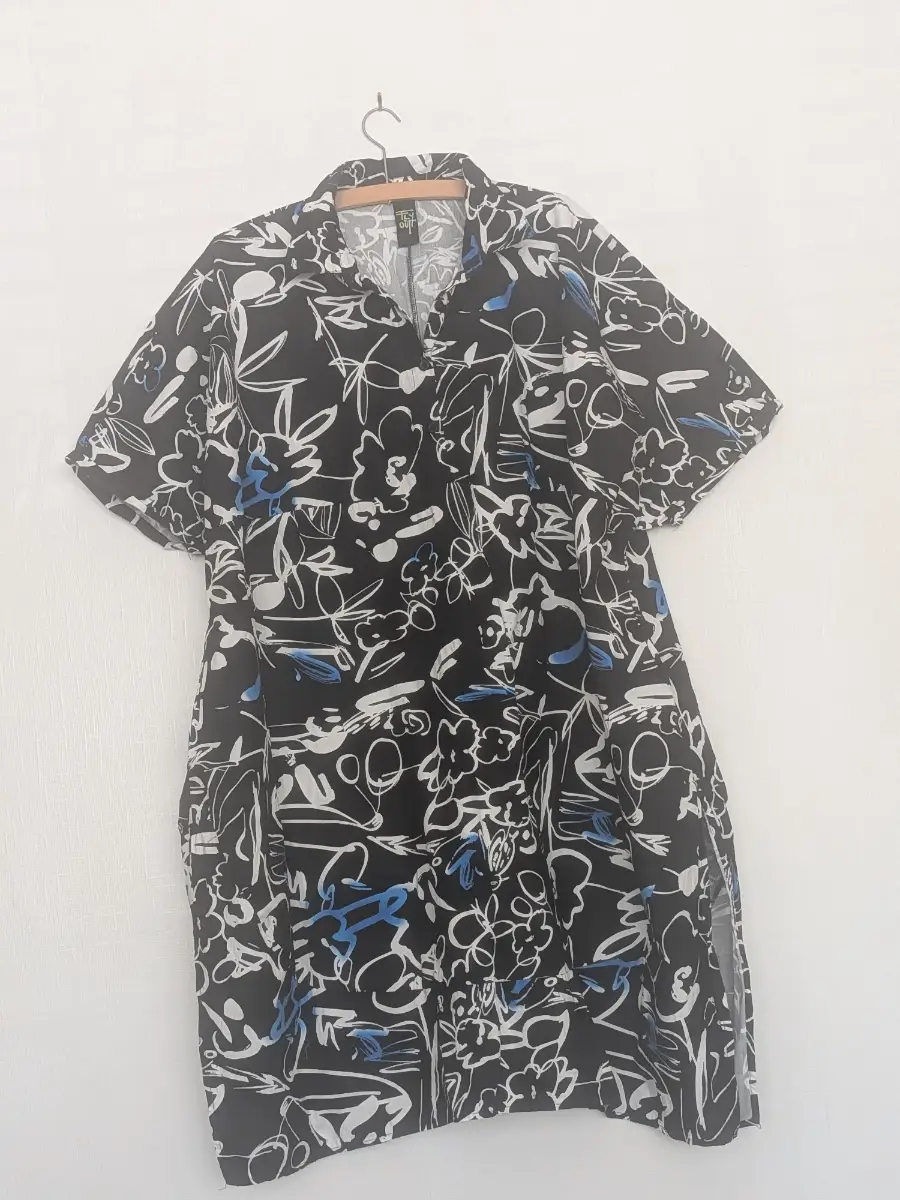 Fly Out Graphic Line Art Print vintage 90s vibe Shirt Dress cocoon Blue Black xl