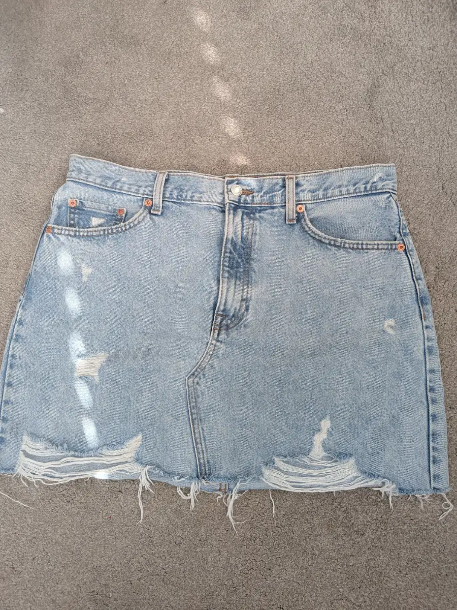 MNG light Blue Denim Cotton Mini Short Skirt Pockets Zip Fringe Y2K UK 16 EU XL