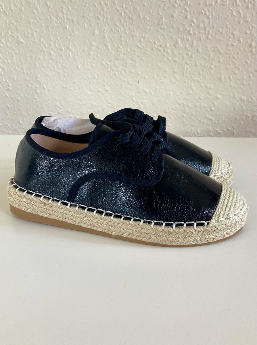 R&be Shiny Black Espadrille Plimsolls Faux Leather Platform Sneakers Lace Up Jute Flats Shoes EU37