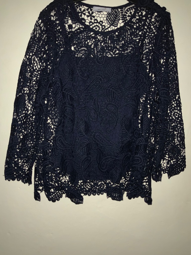 Per Una M&S Beautiful Navy Blue Lace Blouse Top UK 10