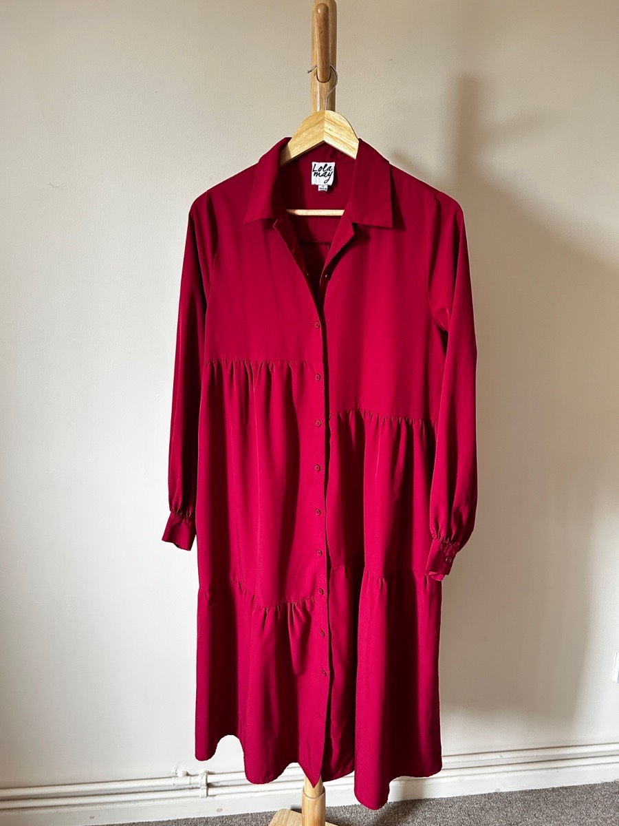 Lola May burgundy/wine tiered shirt dress — size 12