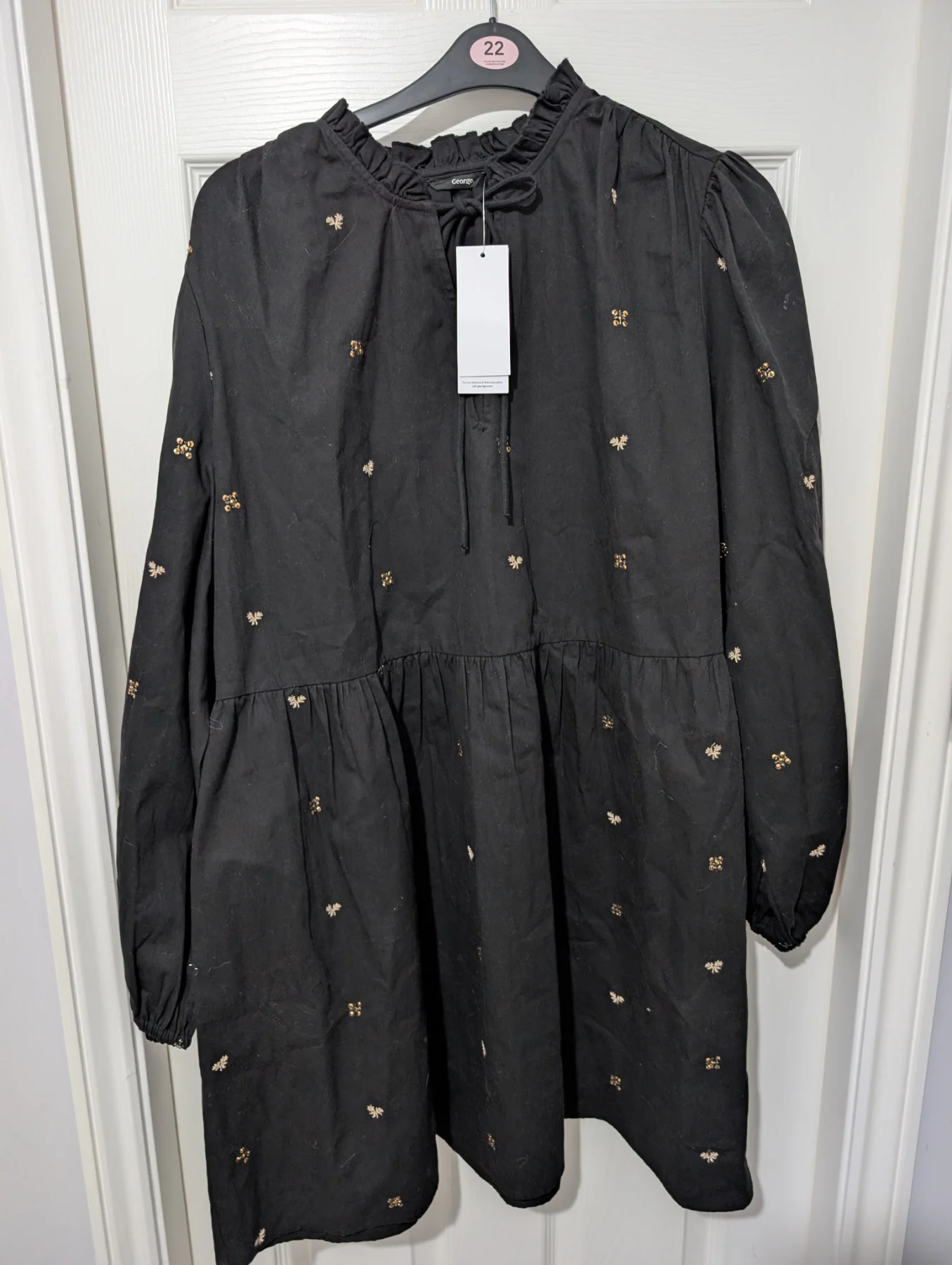 BNWT George Black Embroidered Tie Neck Smock Mini Dress - Size 22
