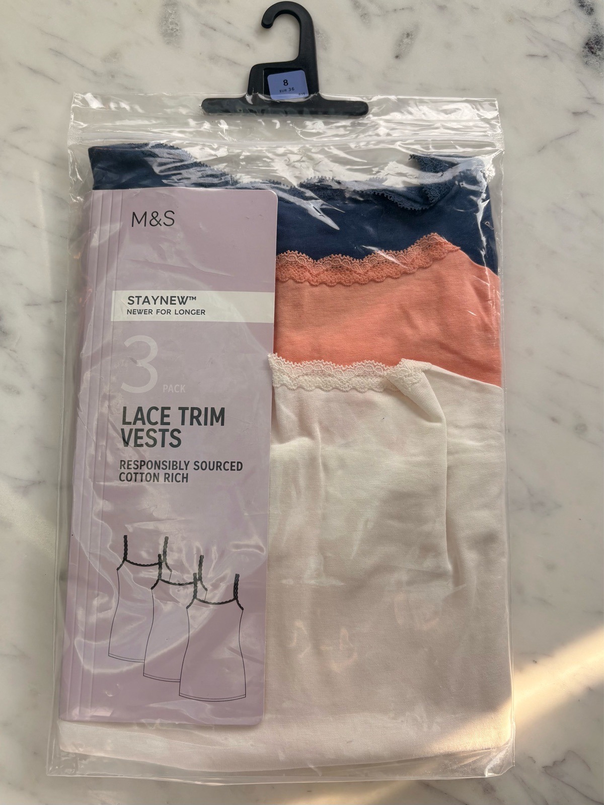 M&S Women 3 Pack Lace Trim Vest Top Size UK 8