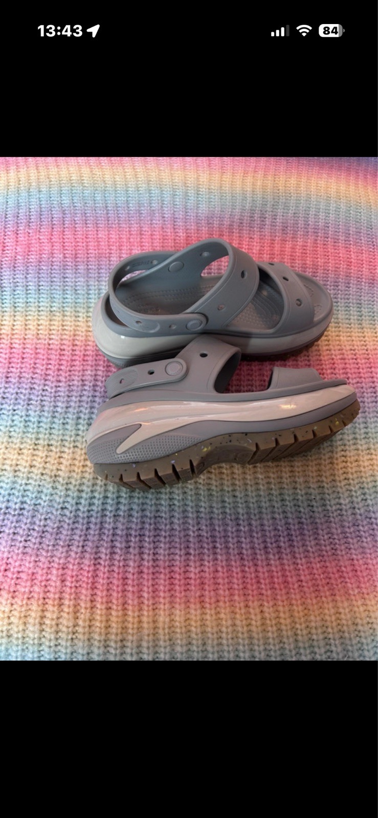 Mega crush chunky croc grey sandals with rainbow speckled sole size 5
