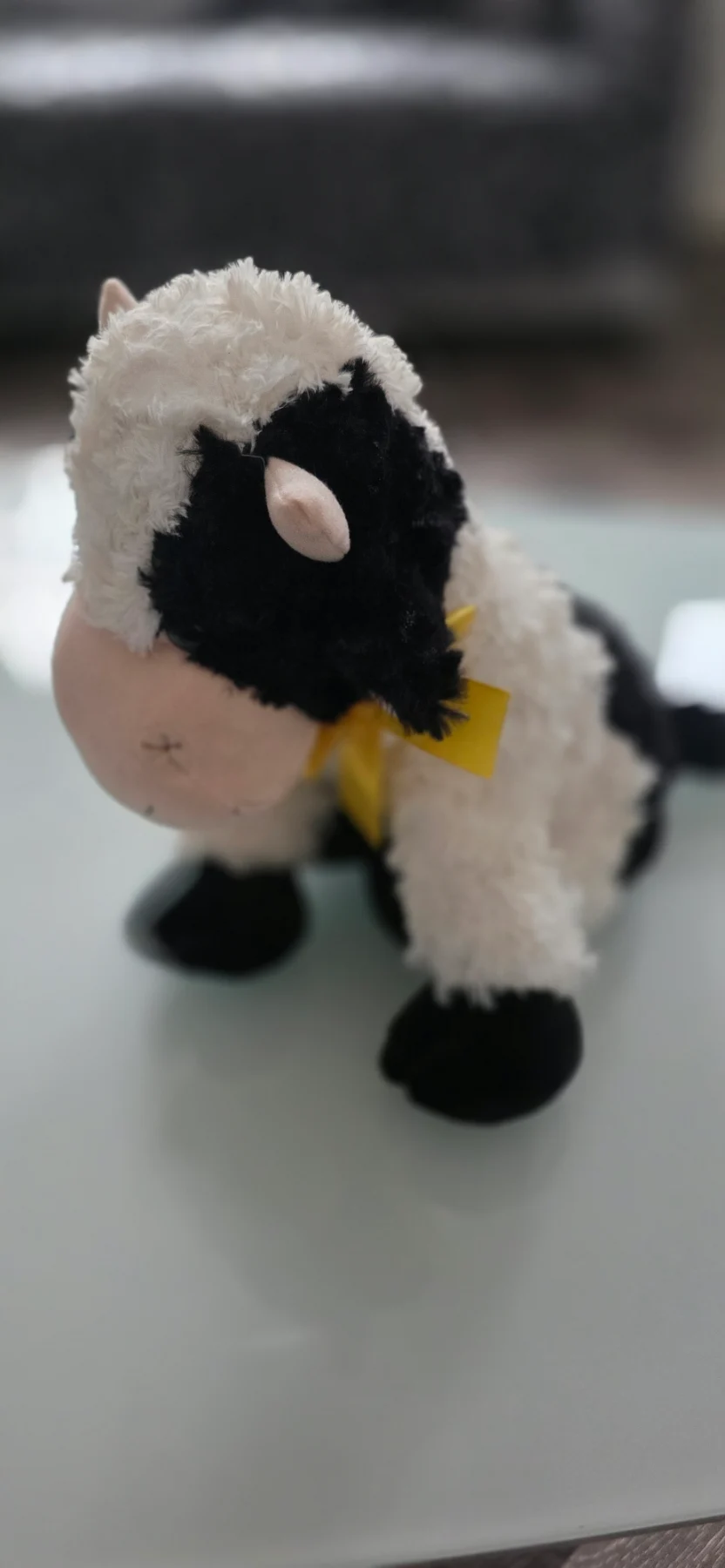 Spring Collection Fluffy Plush Cow – Black & White Soft Toy with Tags & Yellow Bow – New