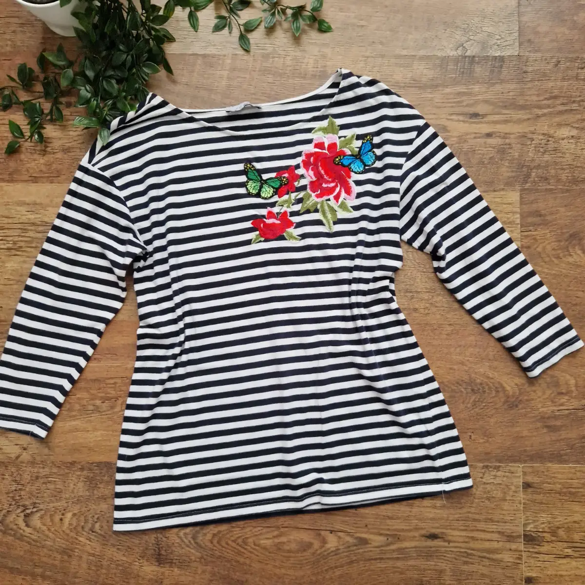 per una navy white striped 3/4 sleeve embroidered top size uk 8 10