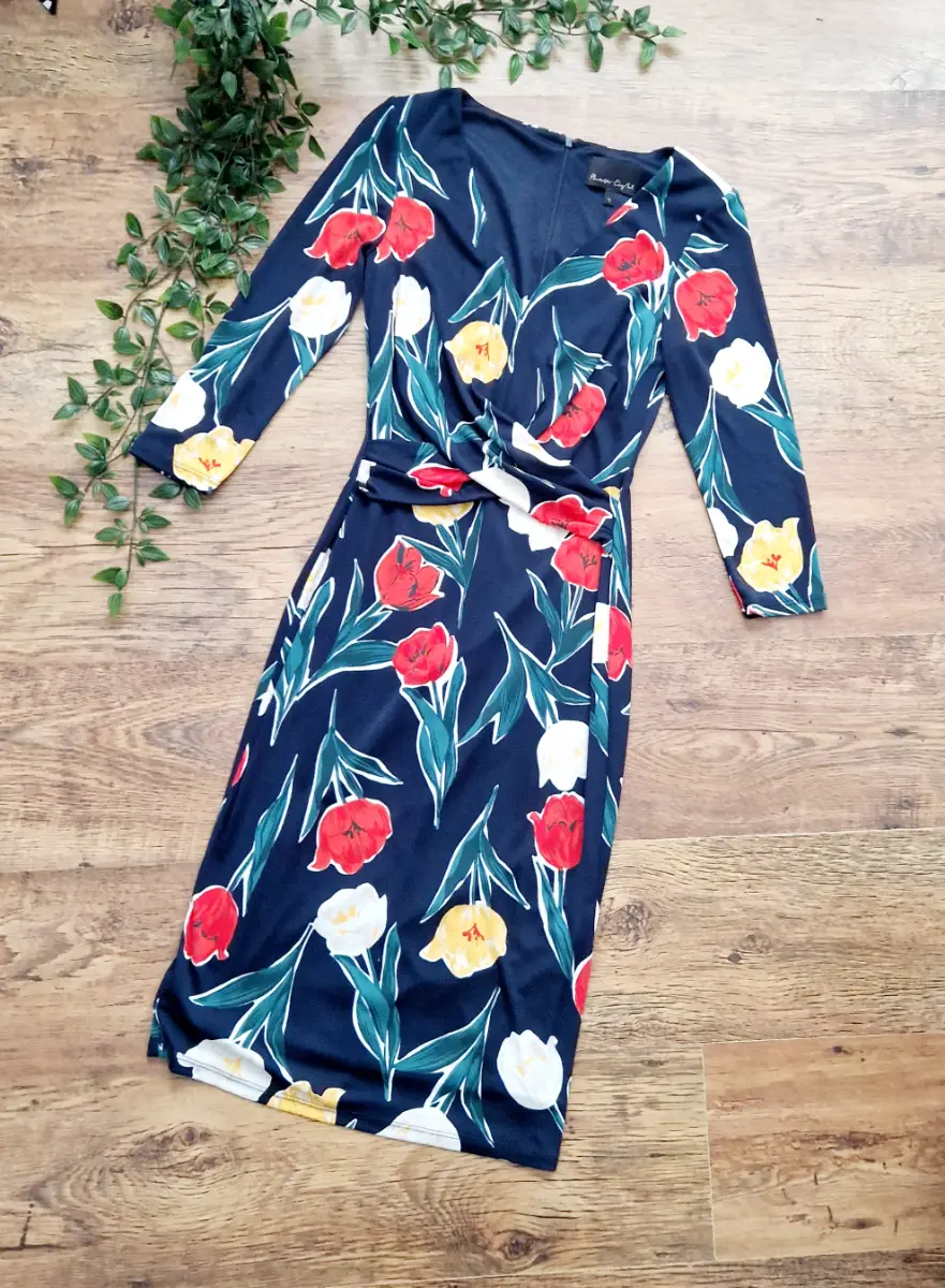 phase eight navy 3/4 sleeve floral knee lenght dress size uk 8