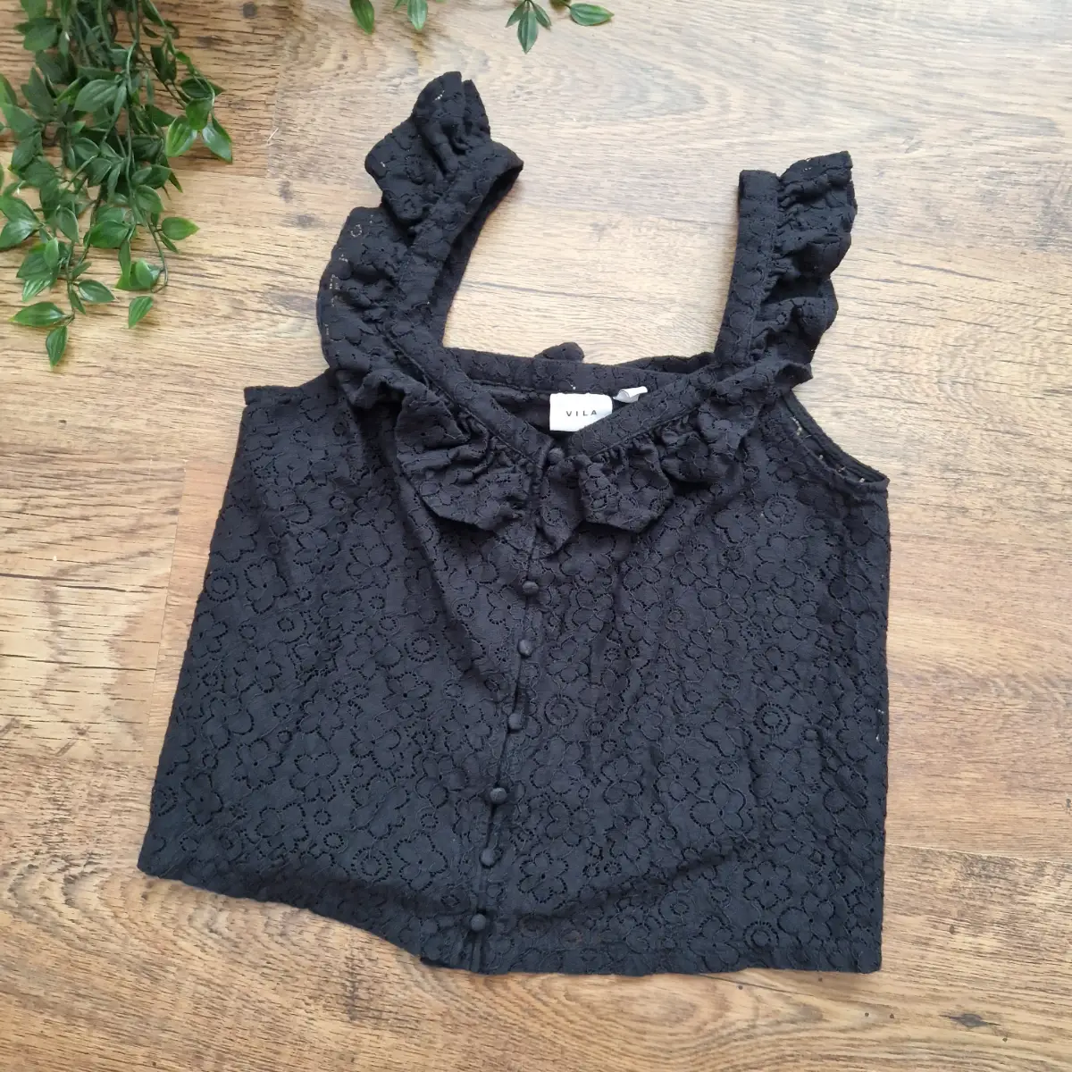 vila lace sheer black short sleeve top size uk 10