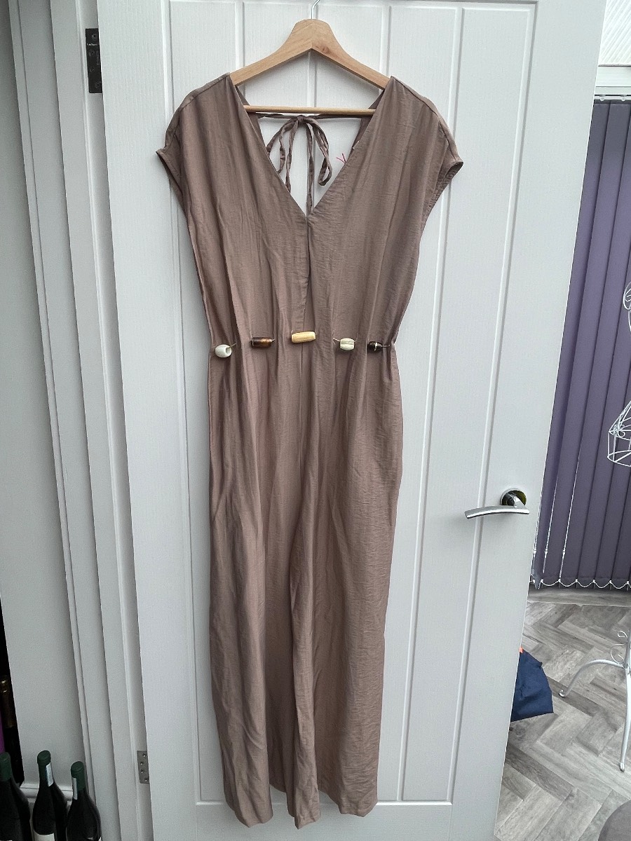 brown wide leg jumpsuit with beaded waist detail -one size