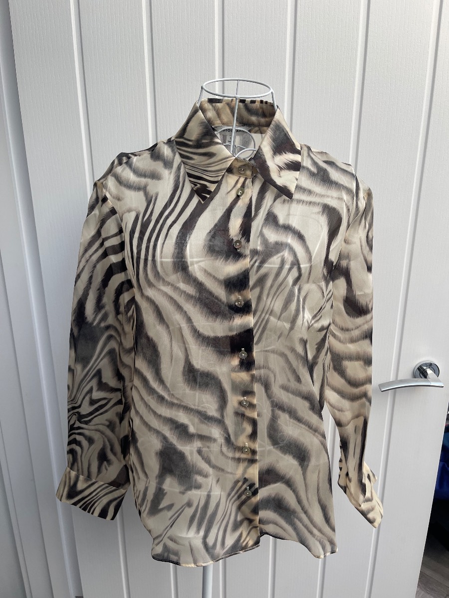 M&S Autograph Pure Silk Organza Zebra Print Shirt Blouse Top Brown Mix UK12